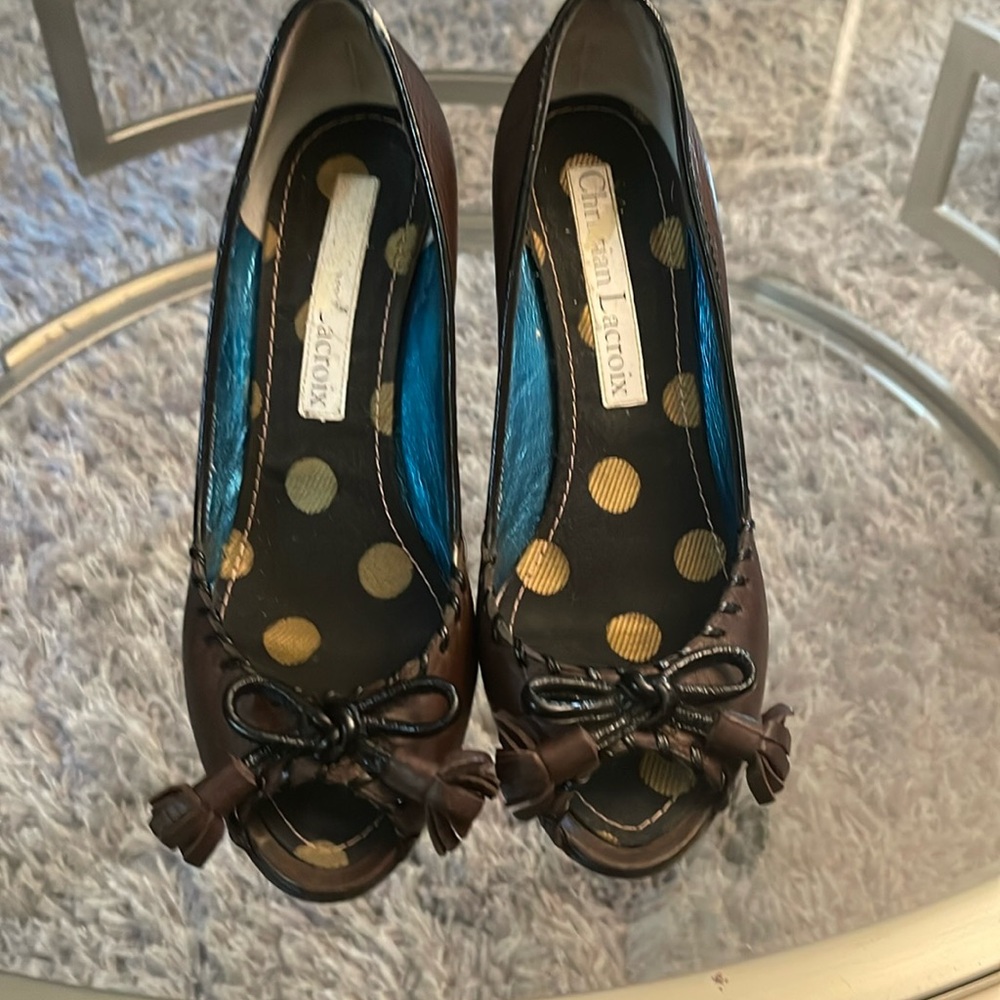 Brown leather peeptoe Christian Lacroix sandals